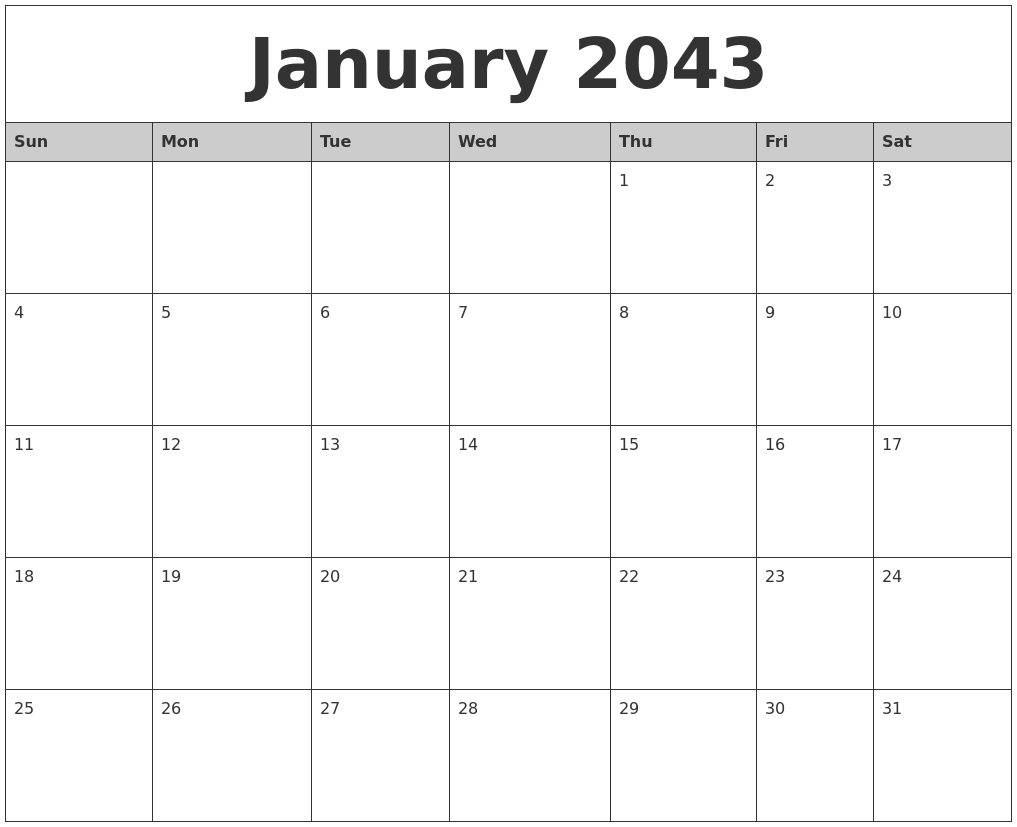 January 2043 Monthly Calendar Printable