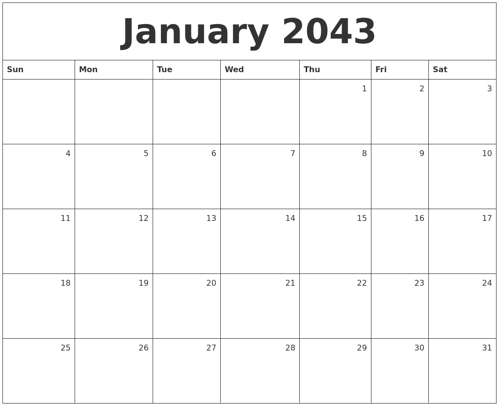 January 2043 Monthly Calendar