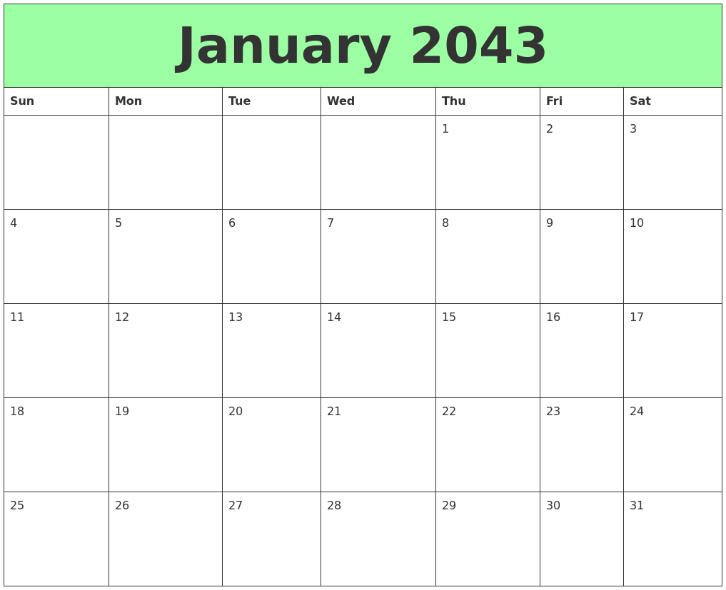 January 2043 Printable Calendars