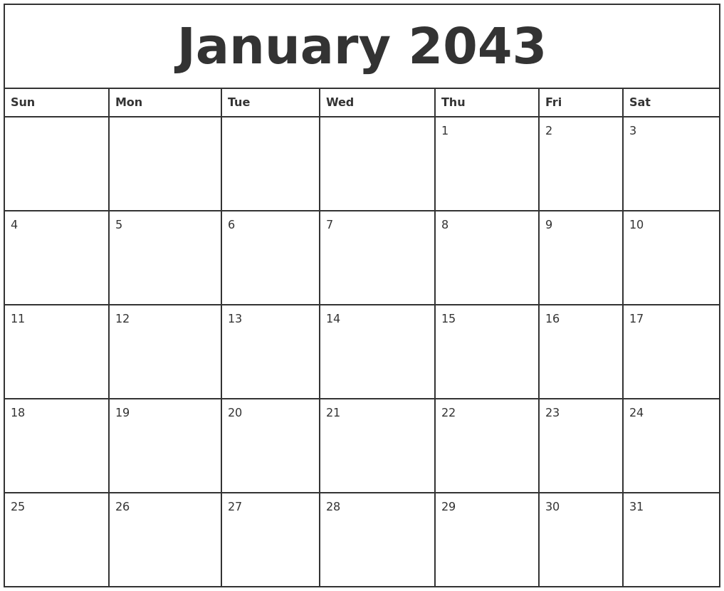 January 2043 Printable Monthly Calendar