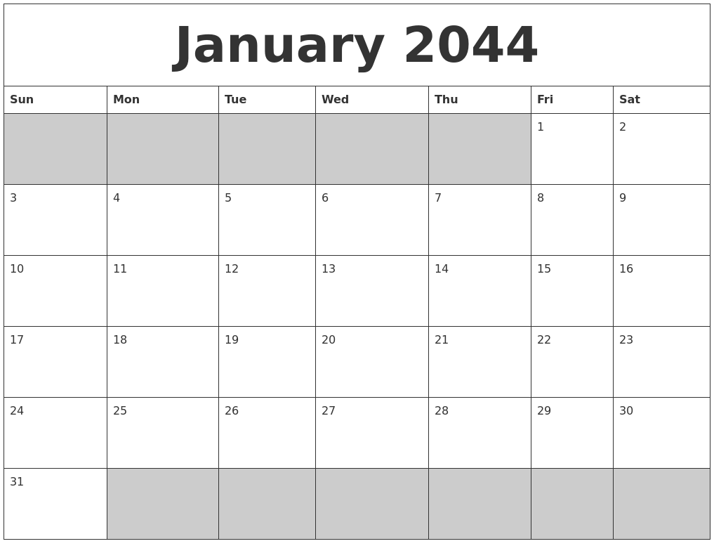 January 2044 Blank Printable Calendar
