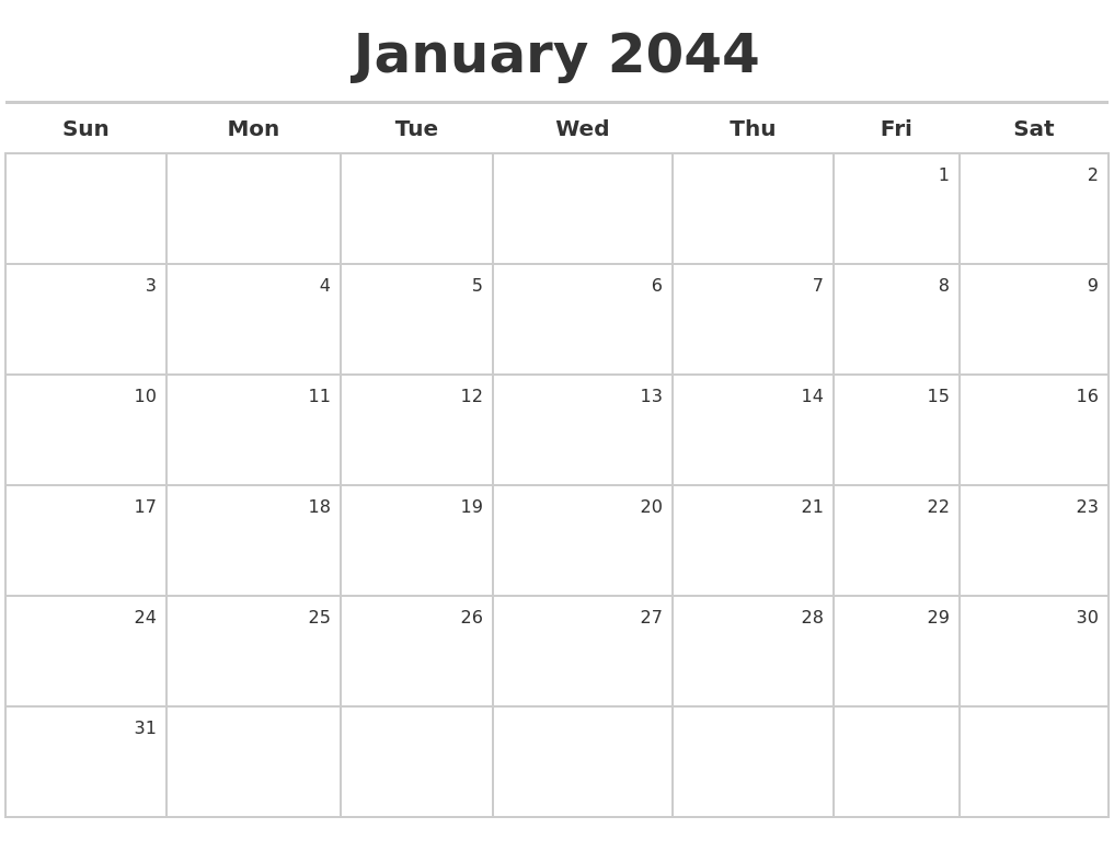 January 2044 Calendar Maker