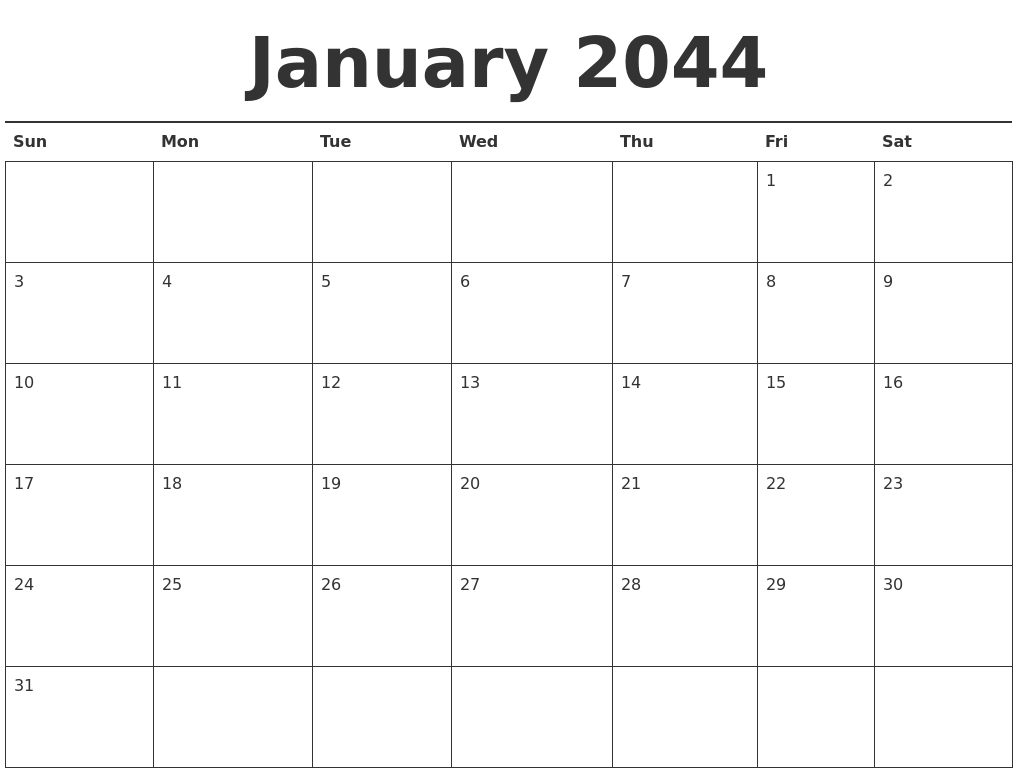 January 2044 Calendar Printable