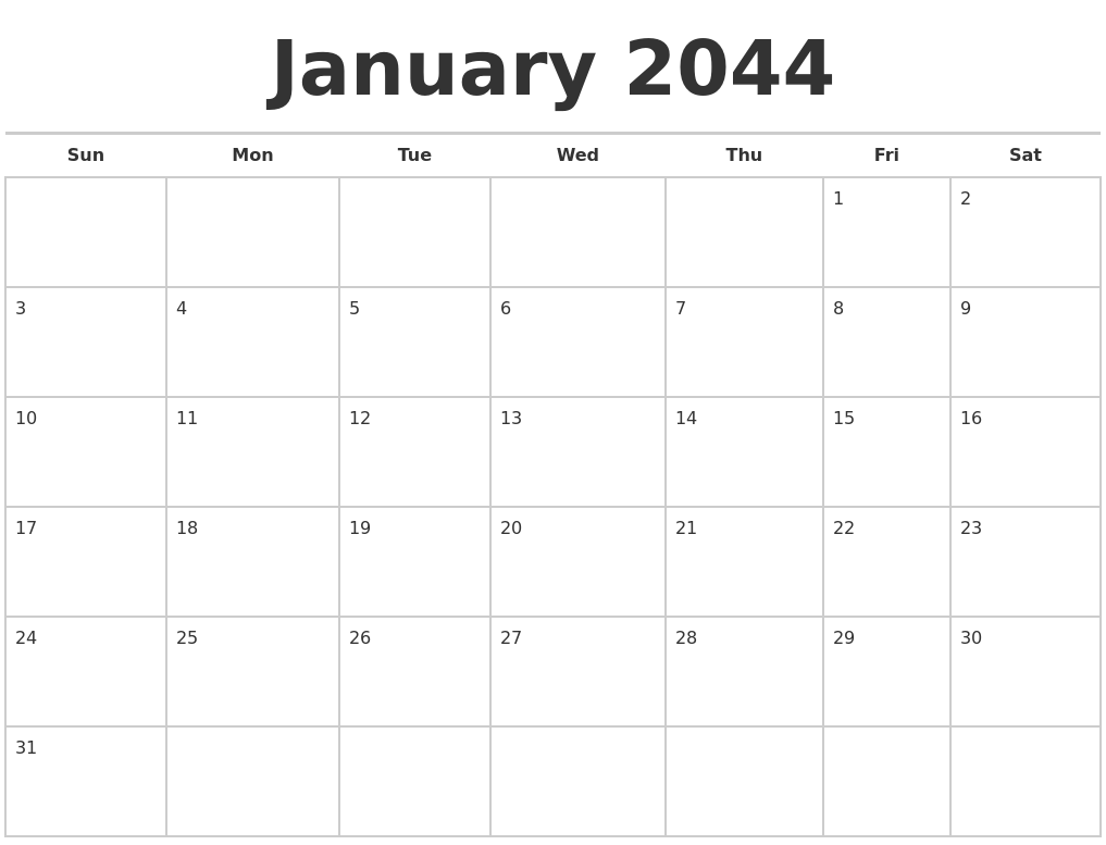 January 2044 Calendars Free