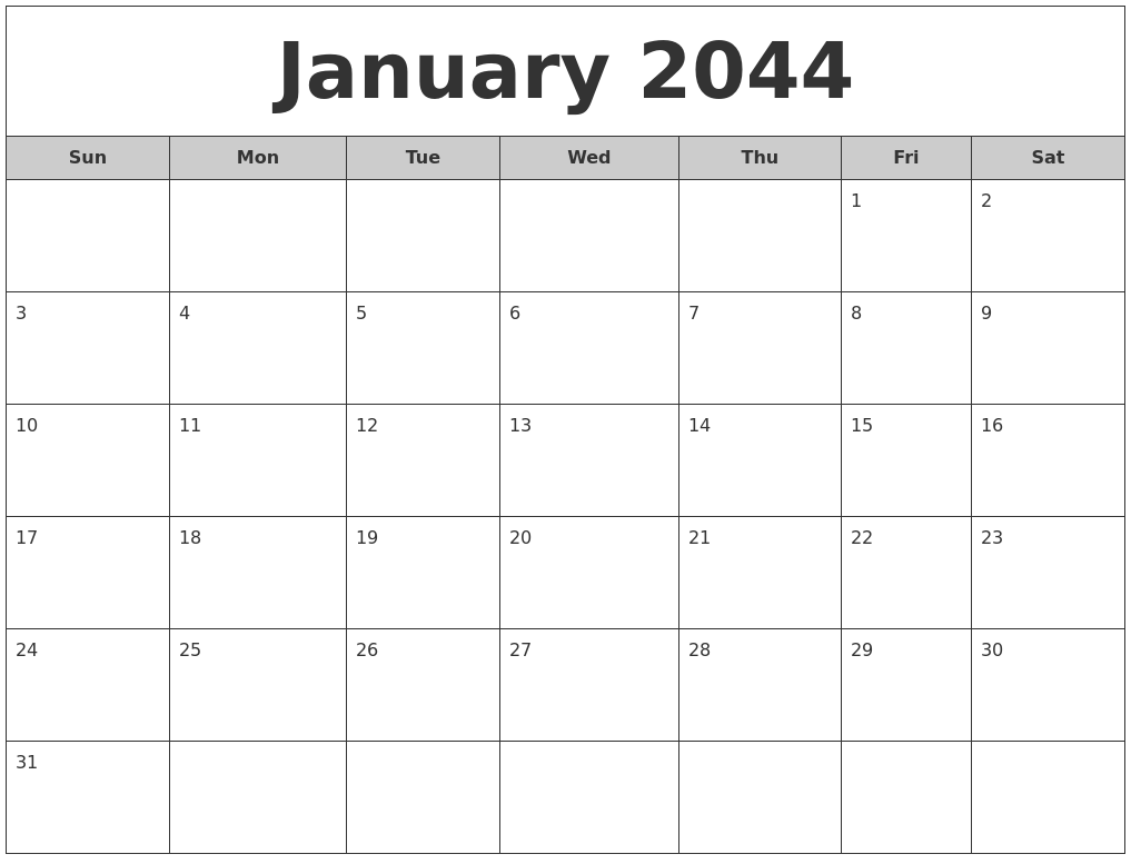 January 2044 Free Monthly Calendar