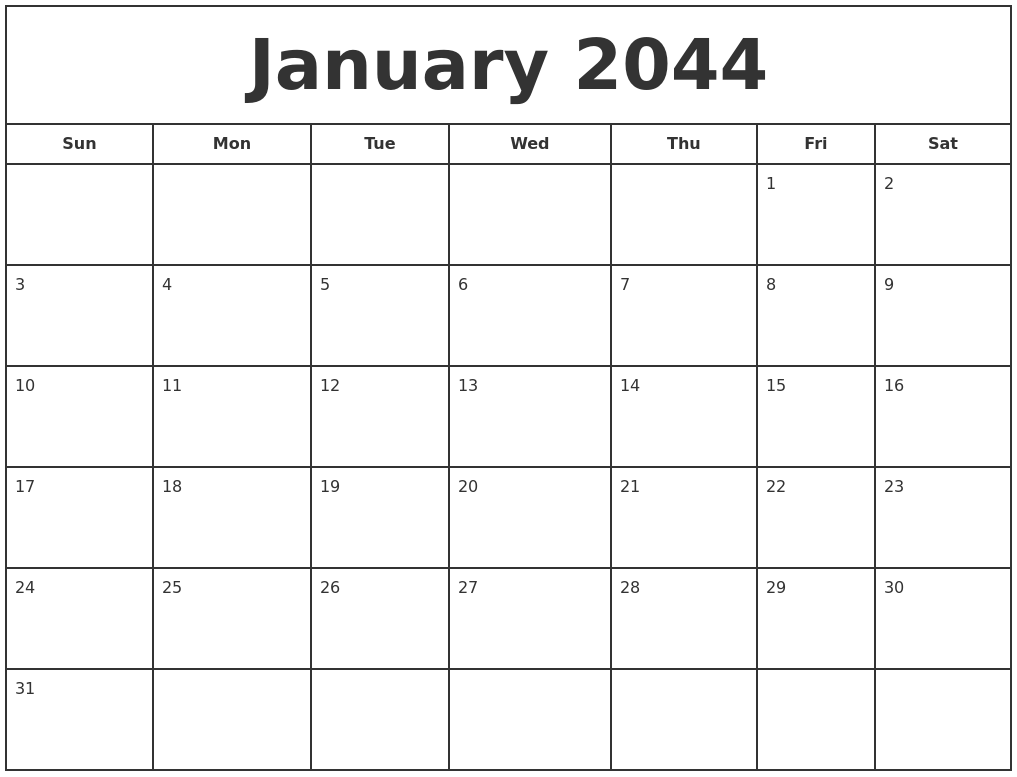 January 2044 Print Free Calendar