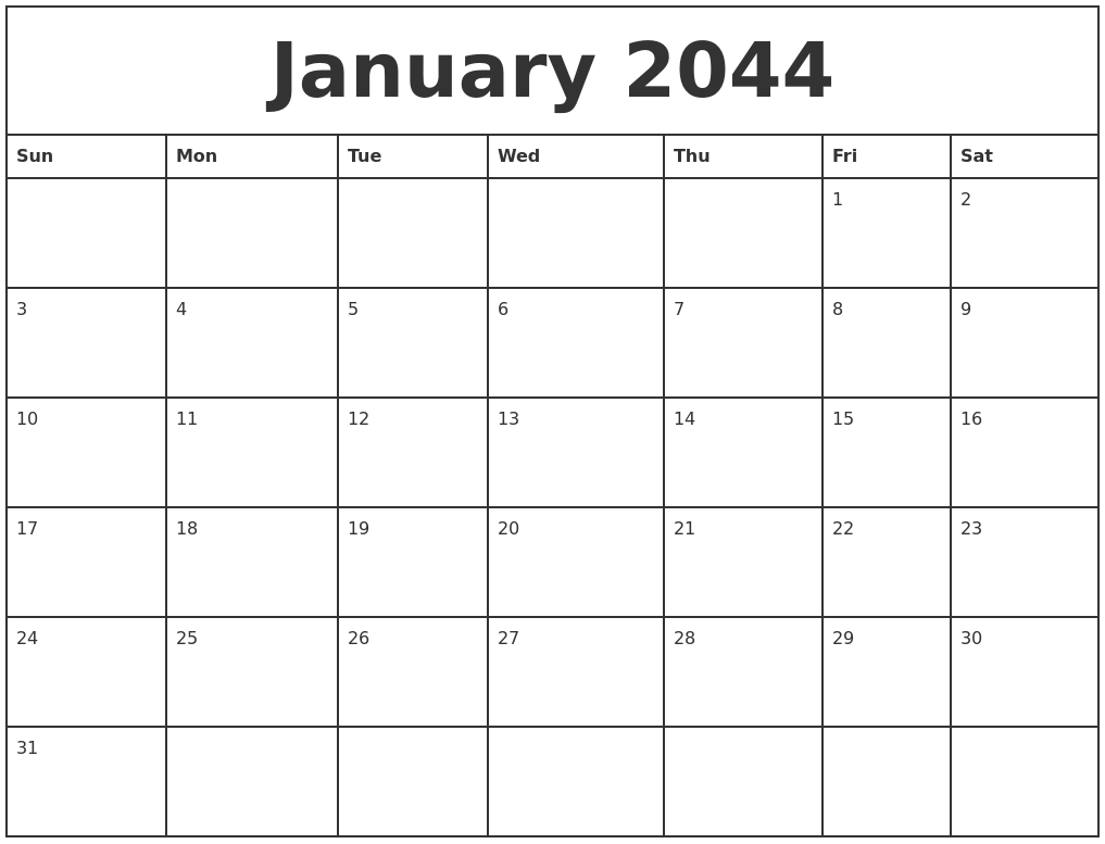 January 2044 Printable Monthly Calendar