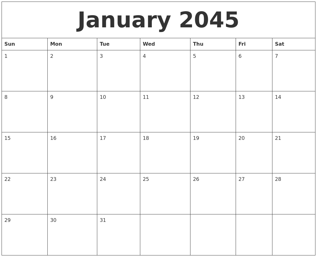 January 2045 Birthday Calendar Template