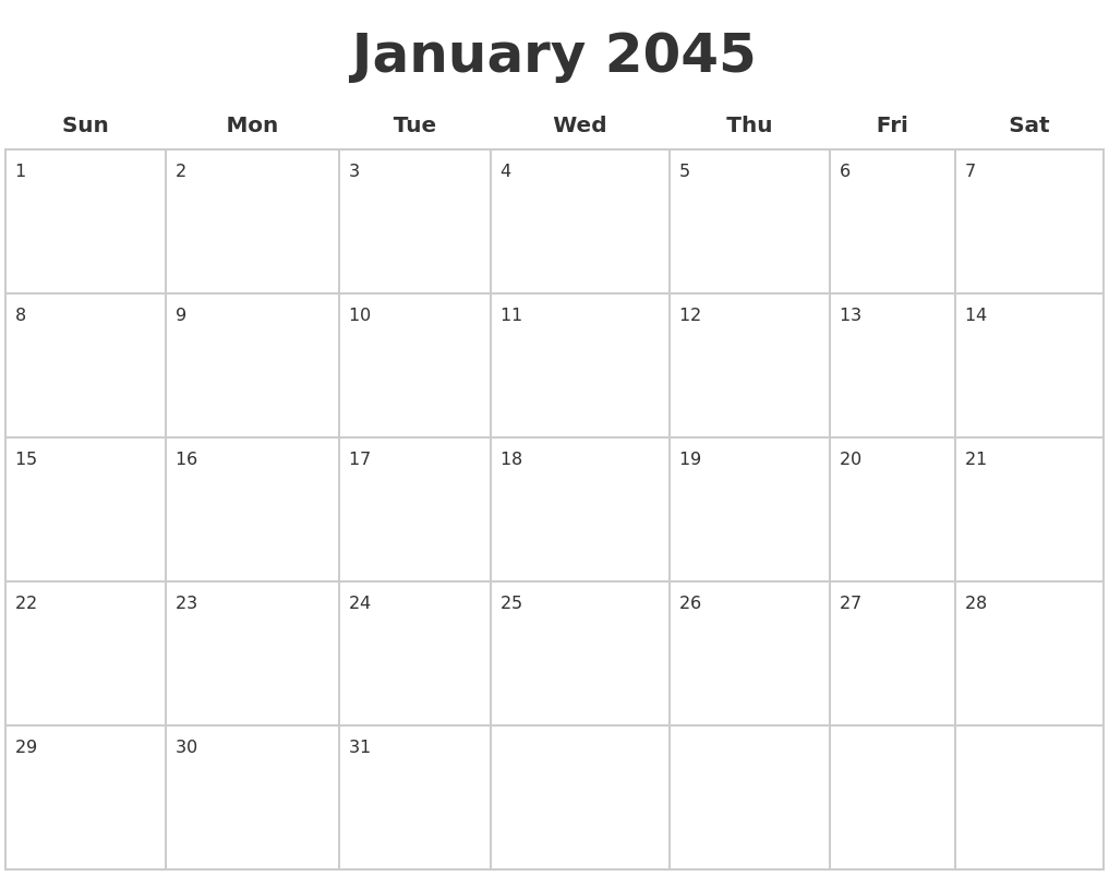 January 2045 Blank Calendar Pages