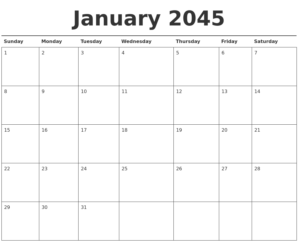 January 2045 Calendar Printable