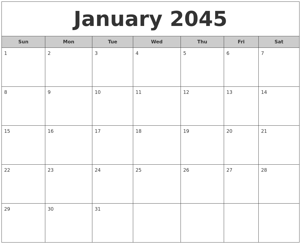 January 2045 Free Monthly Calendar