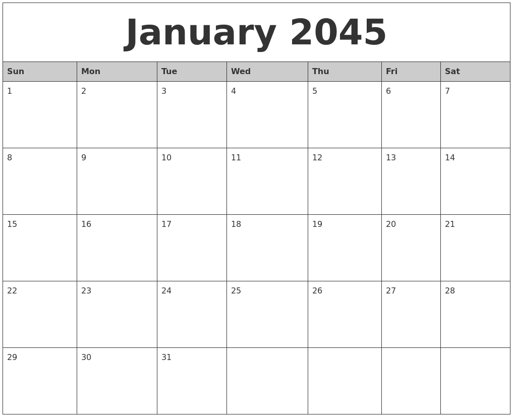 January 2045 Monthly Calendar Printable