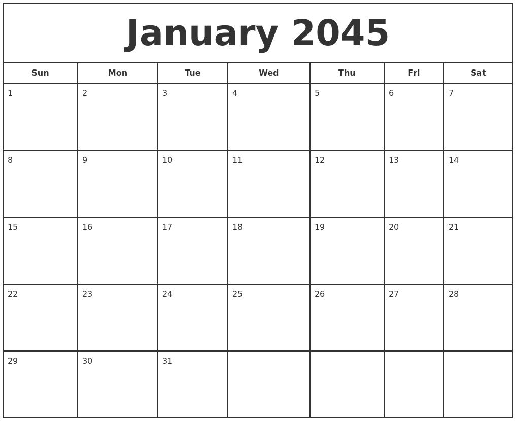 January 2045 Print Free Calendar