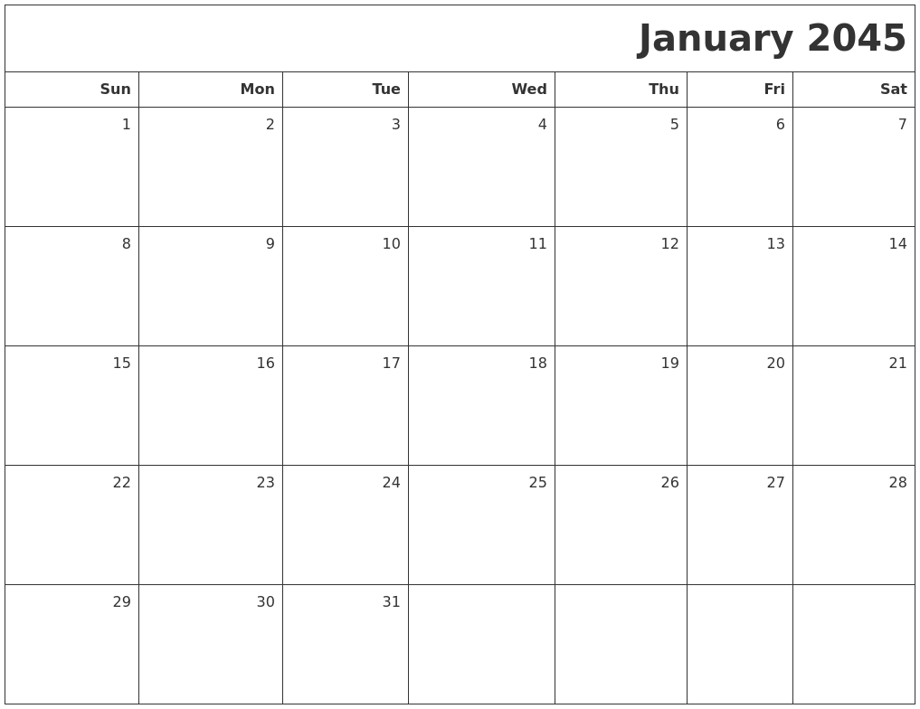 January 2045 Printable Blank Calendar