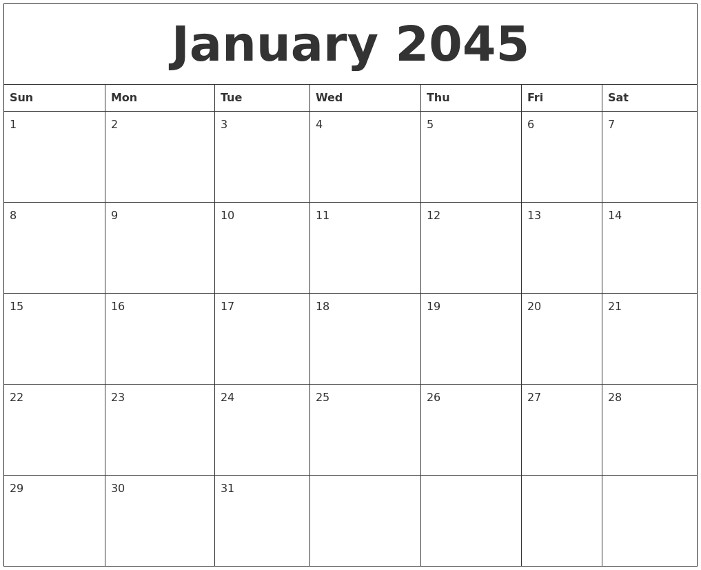 January 2045 Printable Calendar Template