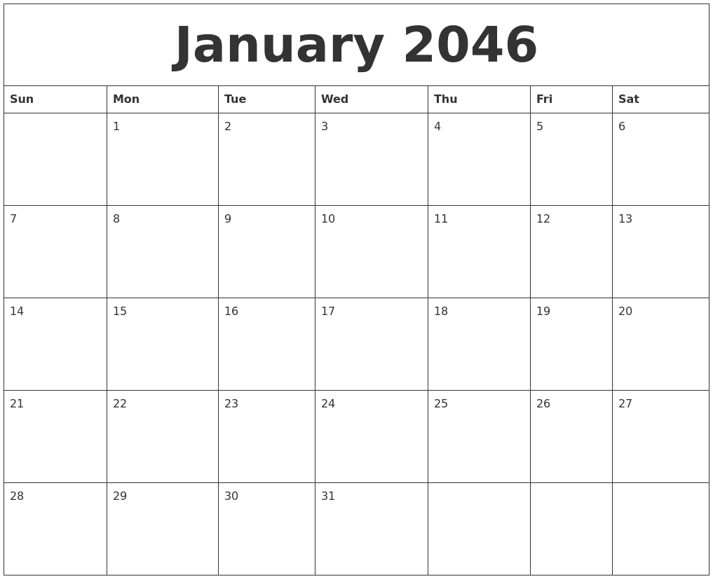 January 2046 Calendar Monthly