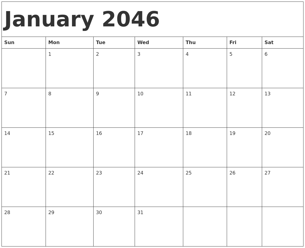 January 2046 Calendar Template