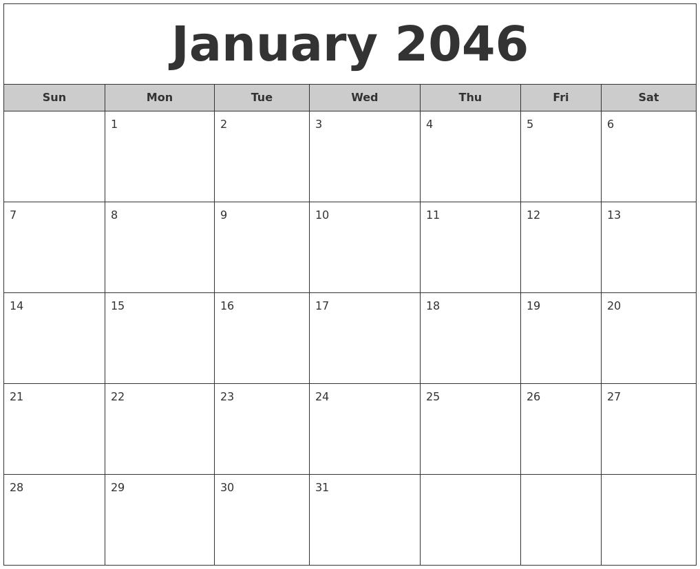 January 2046 Free Monthly Calendar