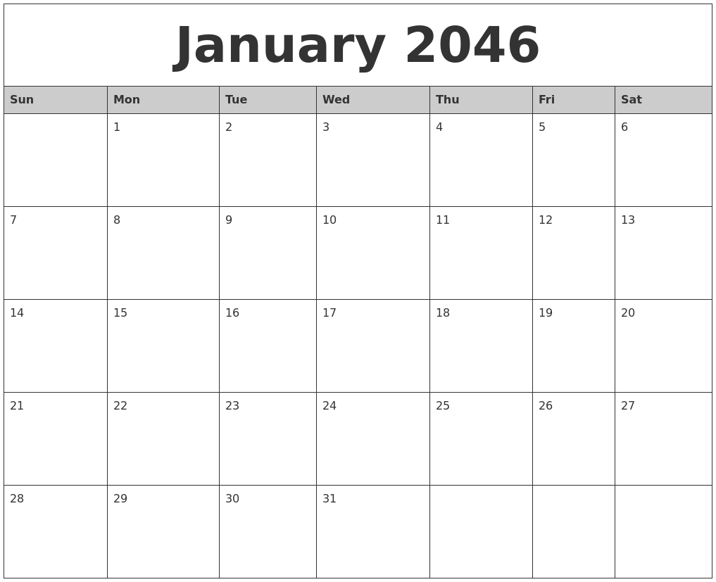 January 2046 Monthly Calendar Printable