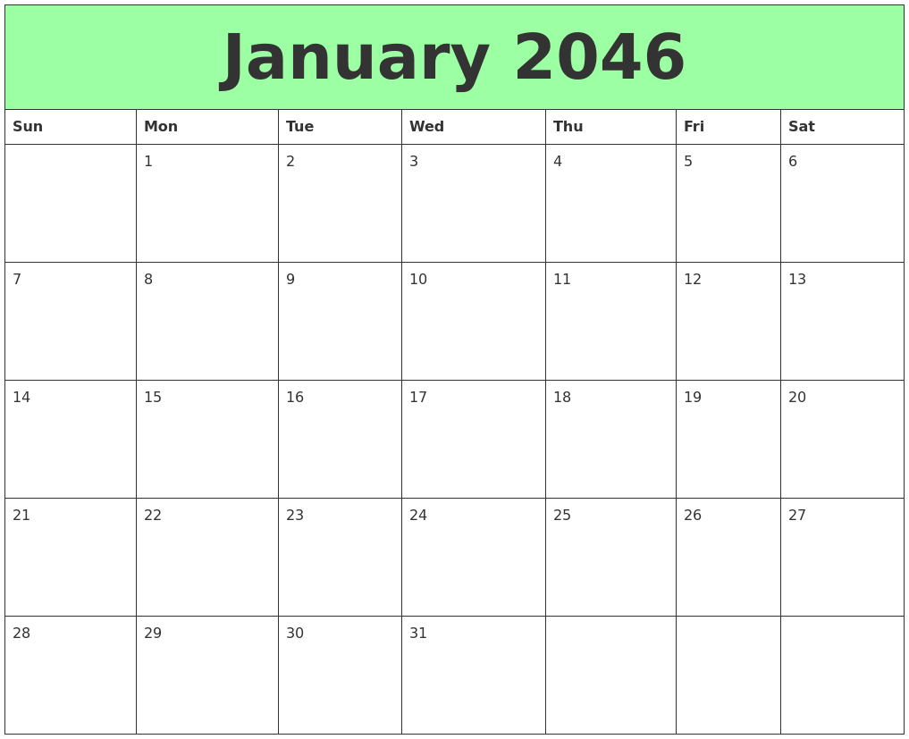 January 2046 Printable Calendars