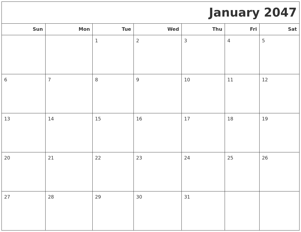 January 2047 Calendars To Print