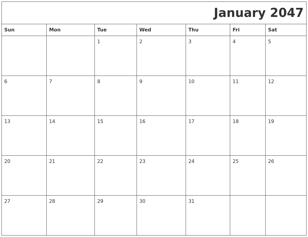 January 2047 Download Calendar