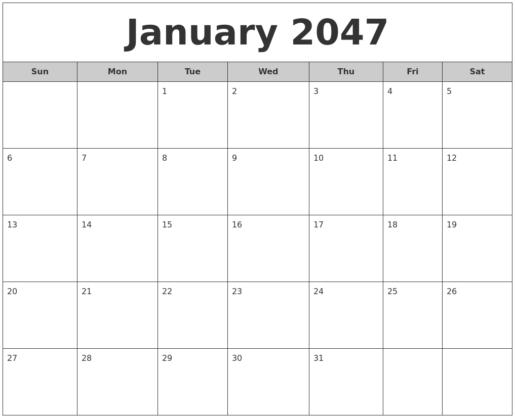 January 2047 Free Monthly Calendar