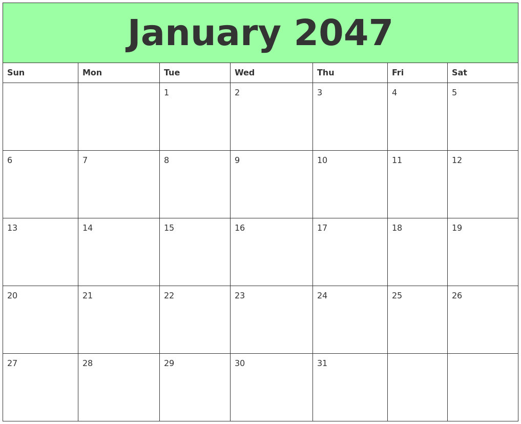 January 2047 Printable Calendars