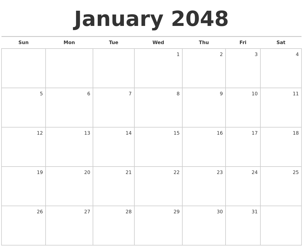 January 2048 Blank Monthly Calendar
