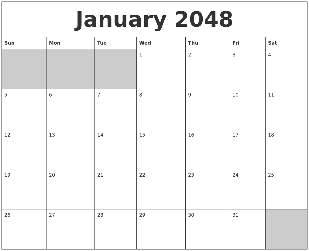 January 2048 Blank Printable Calendar