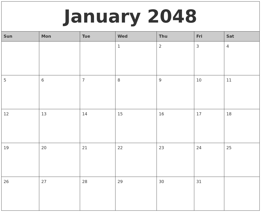 January 2048 Monthly Calendar Printable