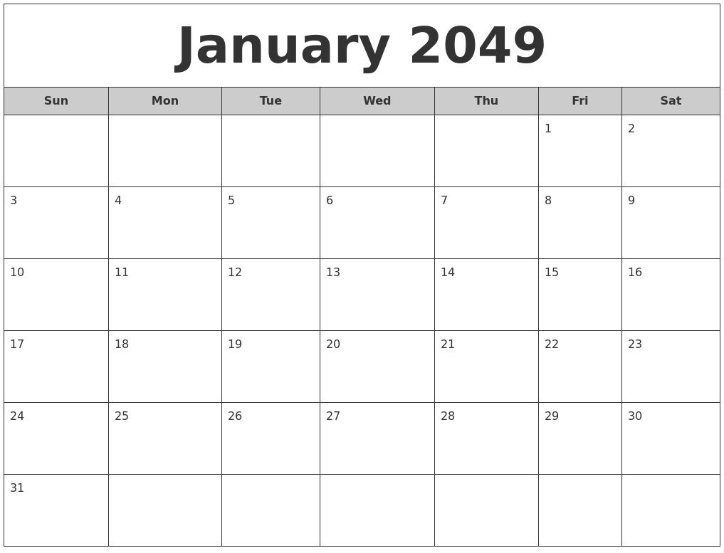 January 2049 Free Monthly Calendar