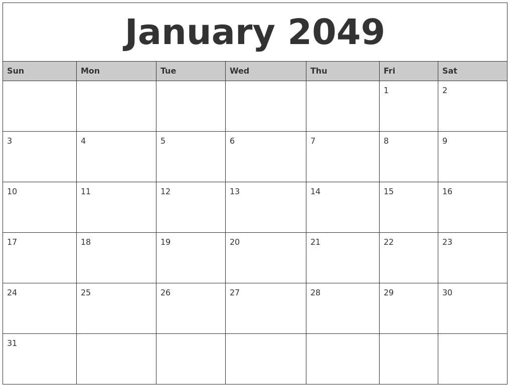 January 2049 Monthly Calendar Printable