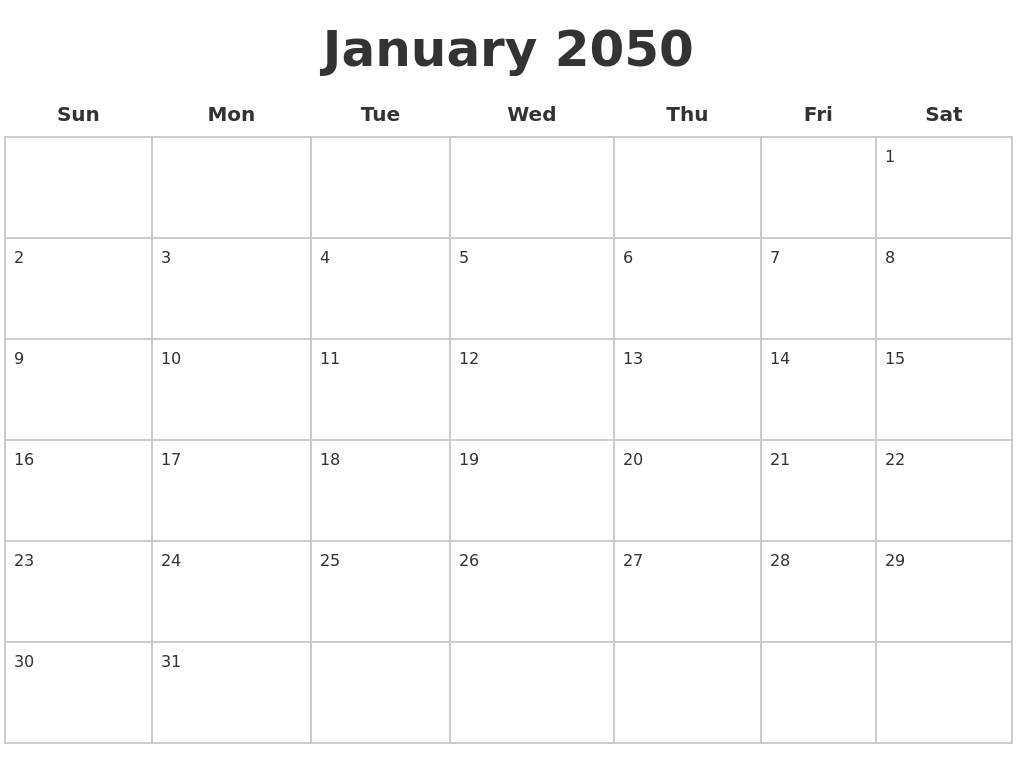 January 2050 Blank Calendar Pages