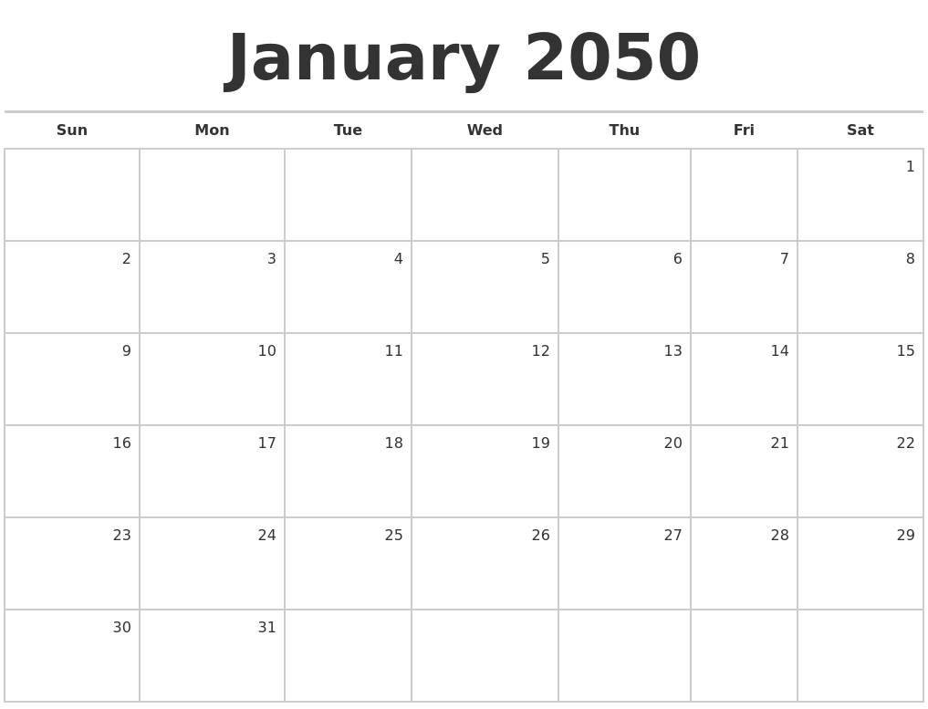 January 2050 Blank Monthly Calendar