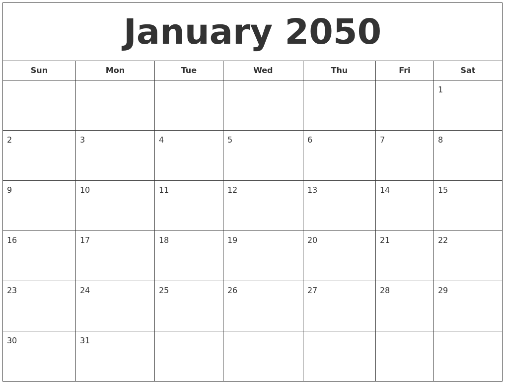 January 2050 Printable Calendar