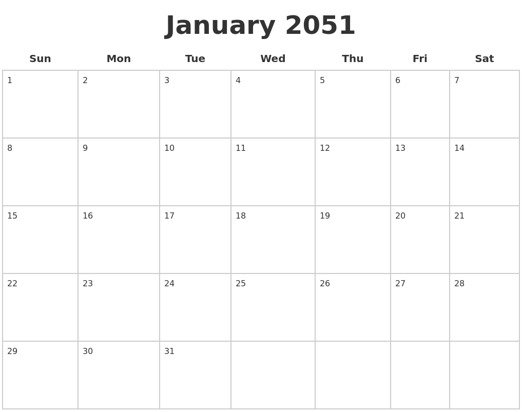 January 2051 Blank Calendar Pages