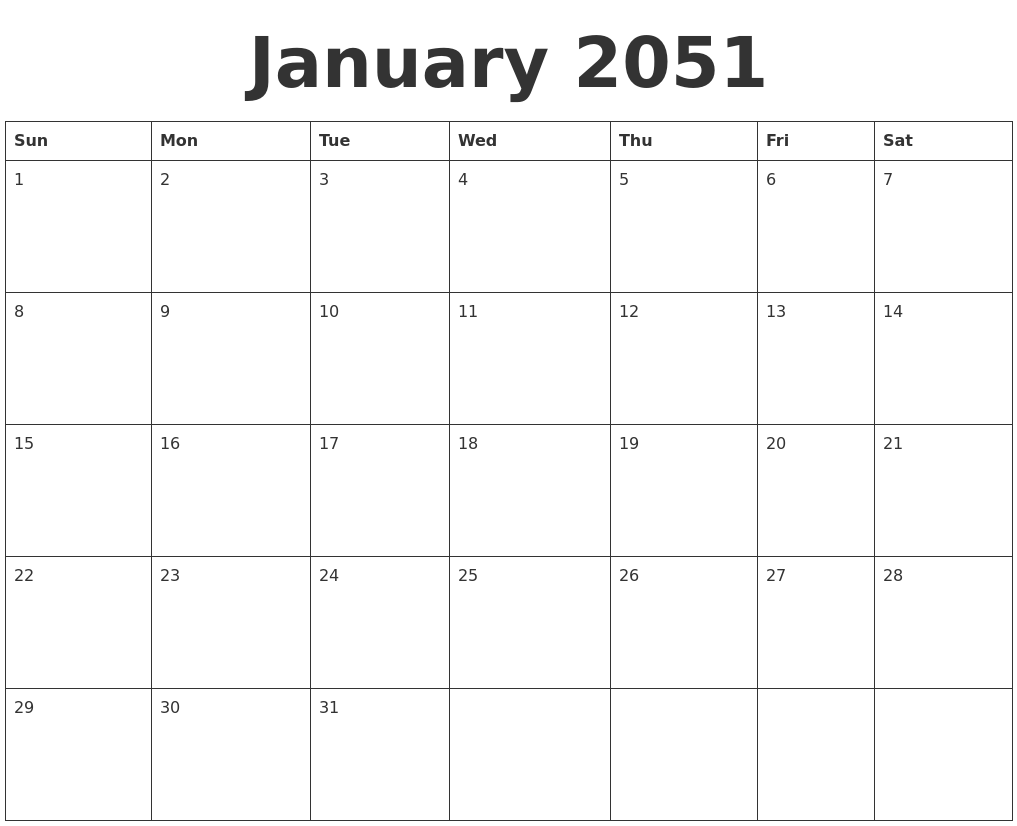 January 2051 Blank Calendar Template