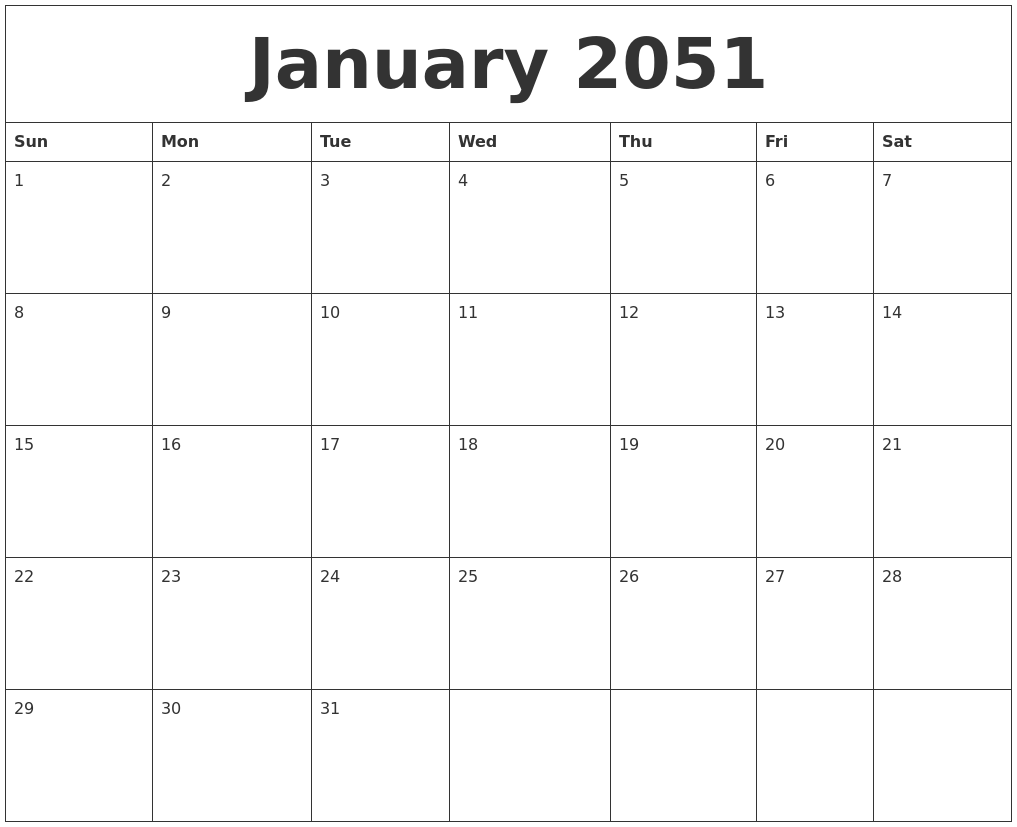 January 2051 Blank Monthly Calendar Template