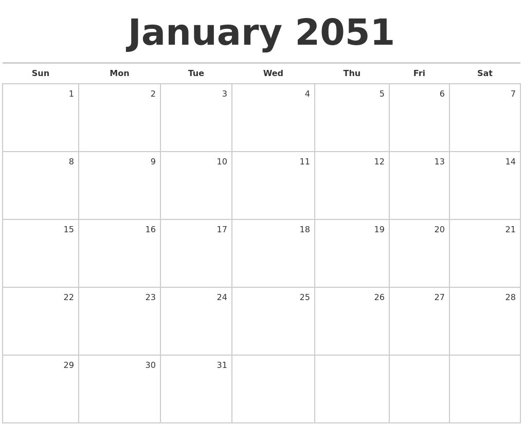 January 2051 Blank Monthly Calendar