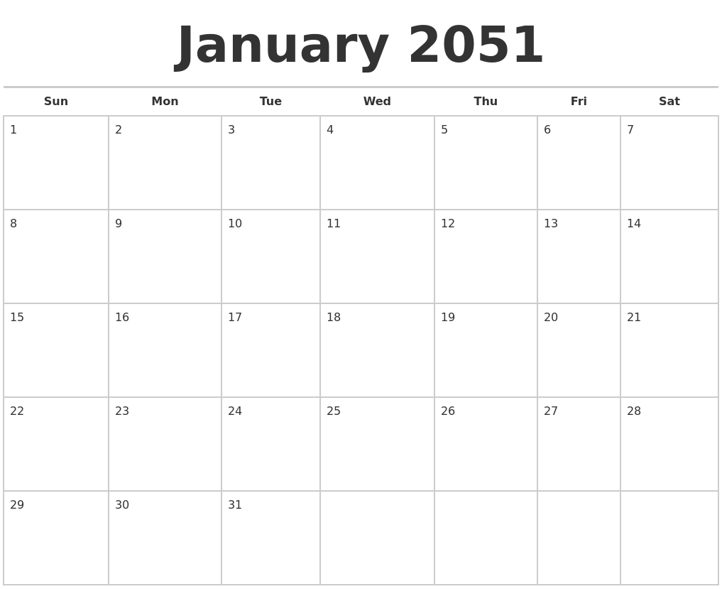 January 2051 Calendars Free