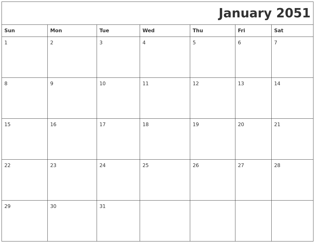 January 2051 Download Calendar