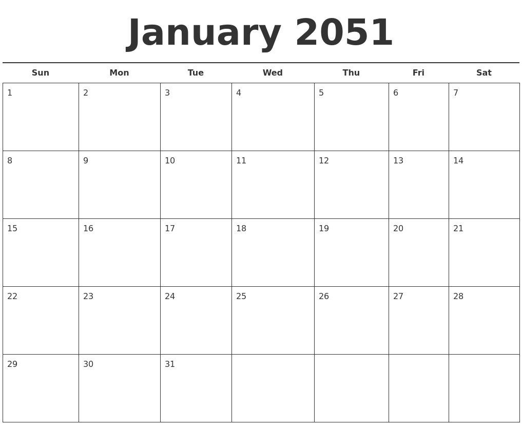 January 2051 Free Calendar Template
