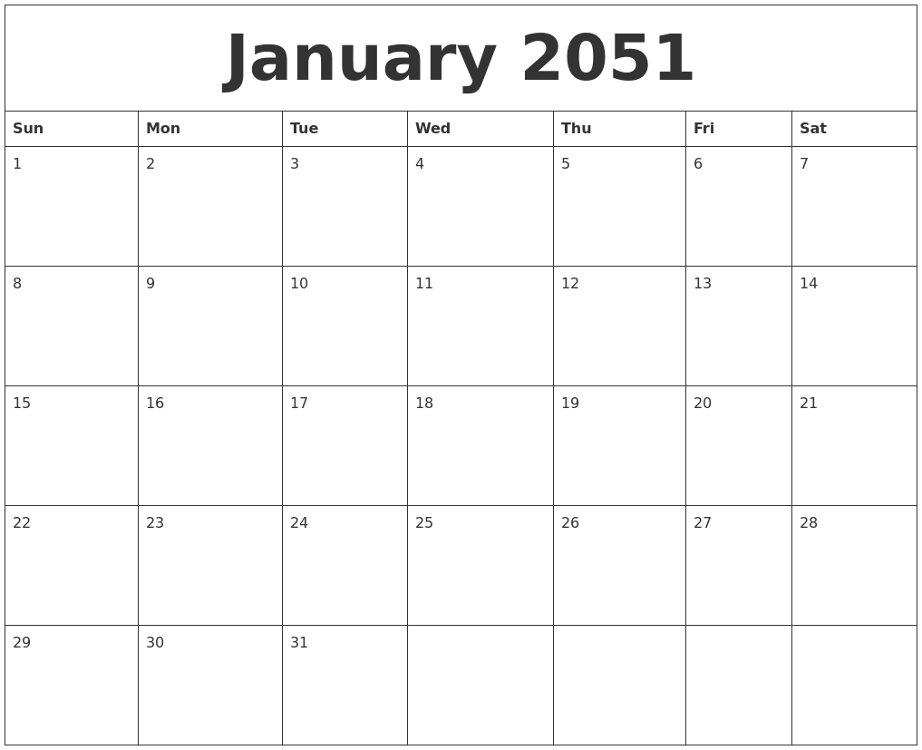 January 2051 Free Downloadable Calendar