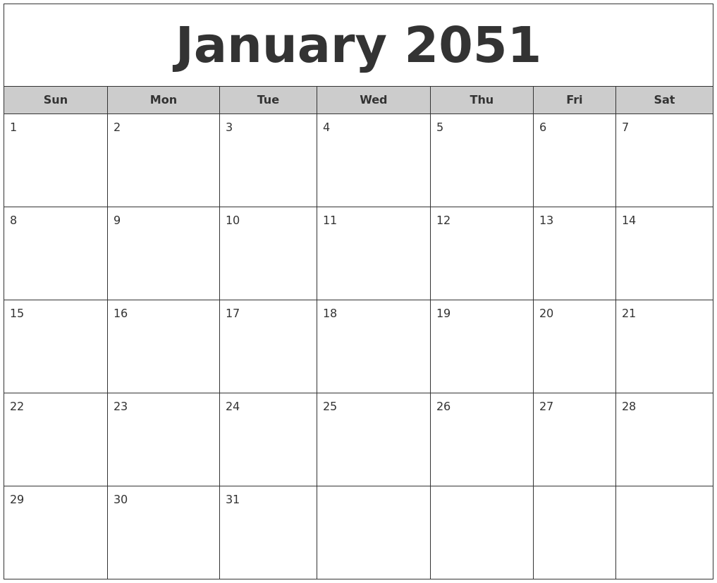 January 2051 Free Monthly Calendar