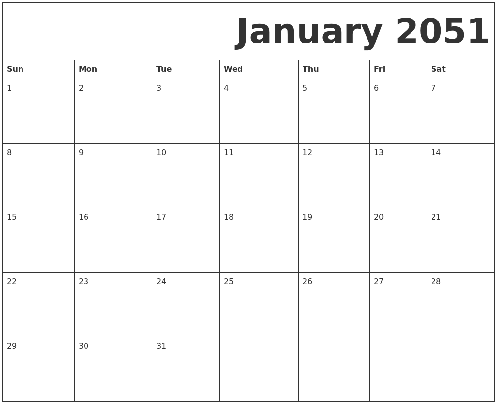 January 2051 Free Printable Calendar