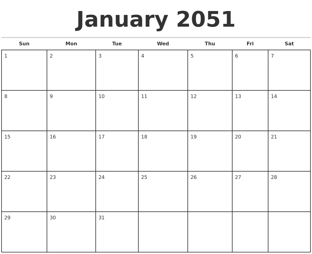 January 2051 Monthly Calendar Template