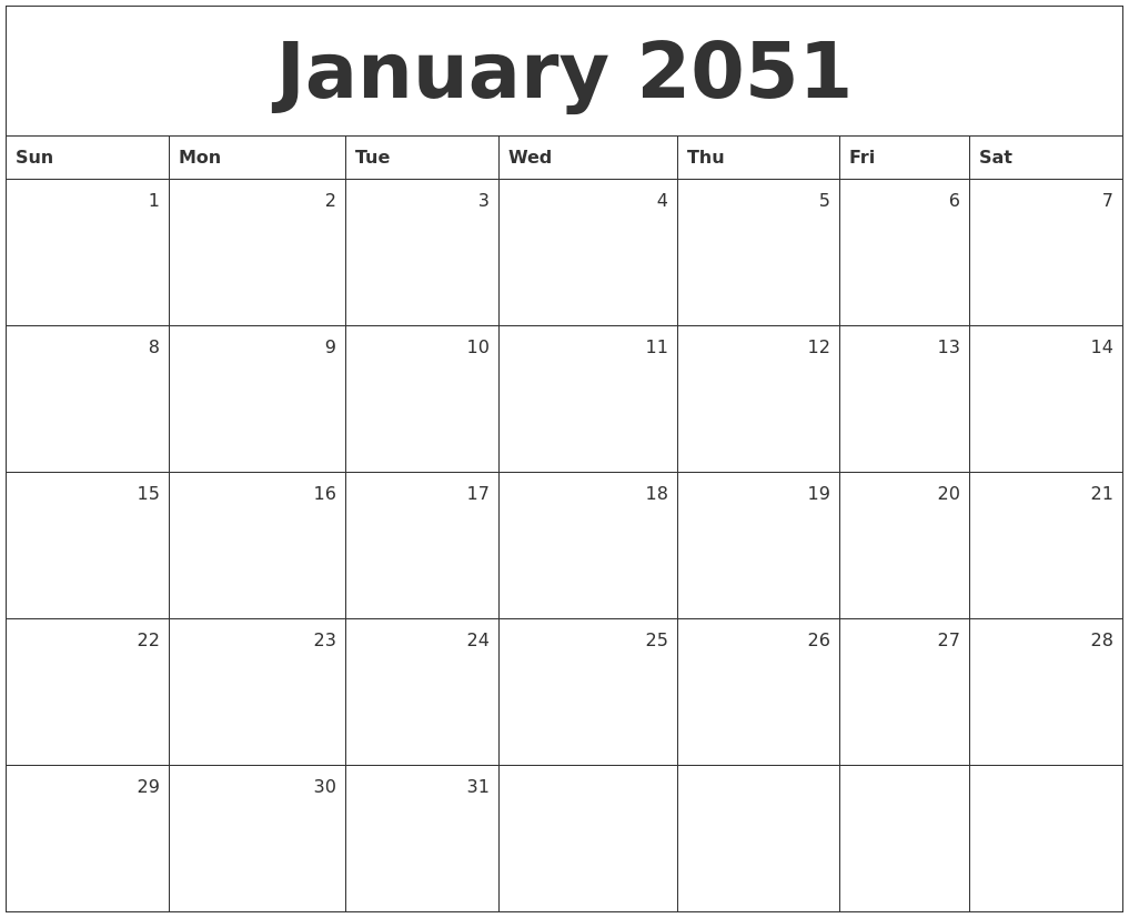 January 2051 Monthly Calendar