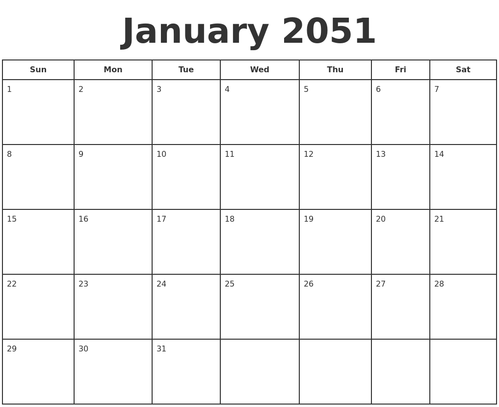 January 2051 Print A Calendar