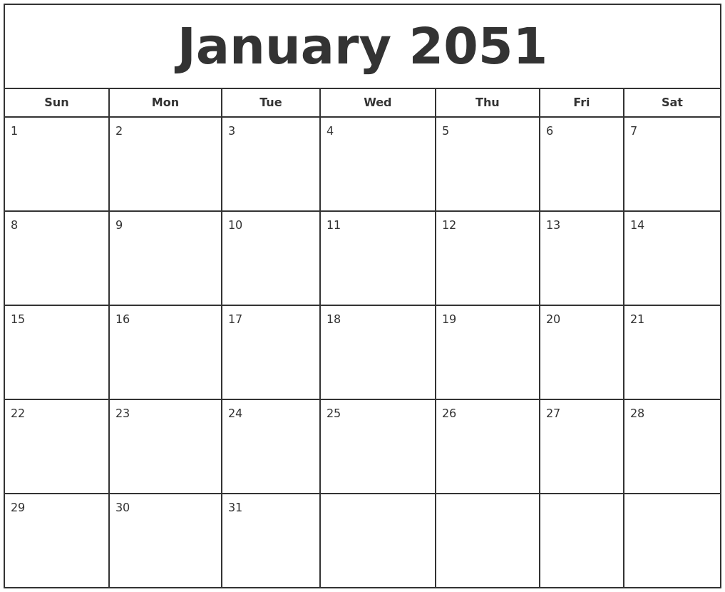 January 2051 Print Free Calendar